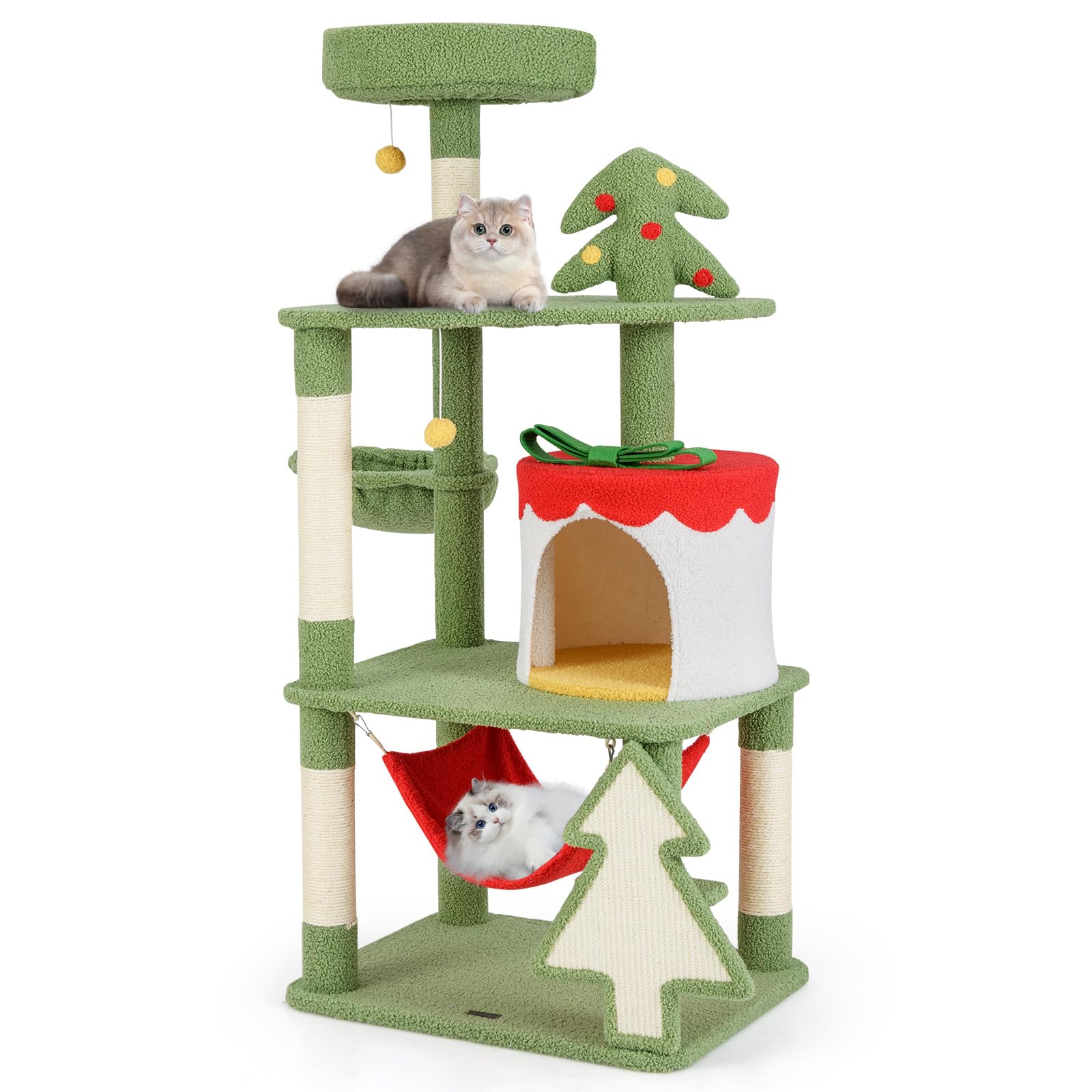 Tangkula Christmas Cat Tree, 52” Tall Cat Tower with Sisal Scratching Posts & Xmas Tree